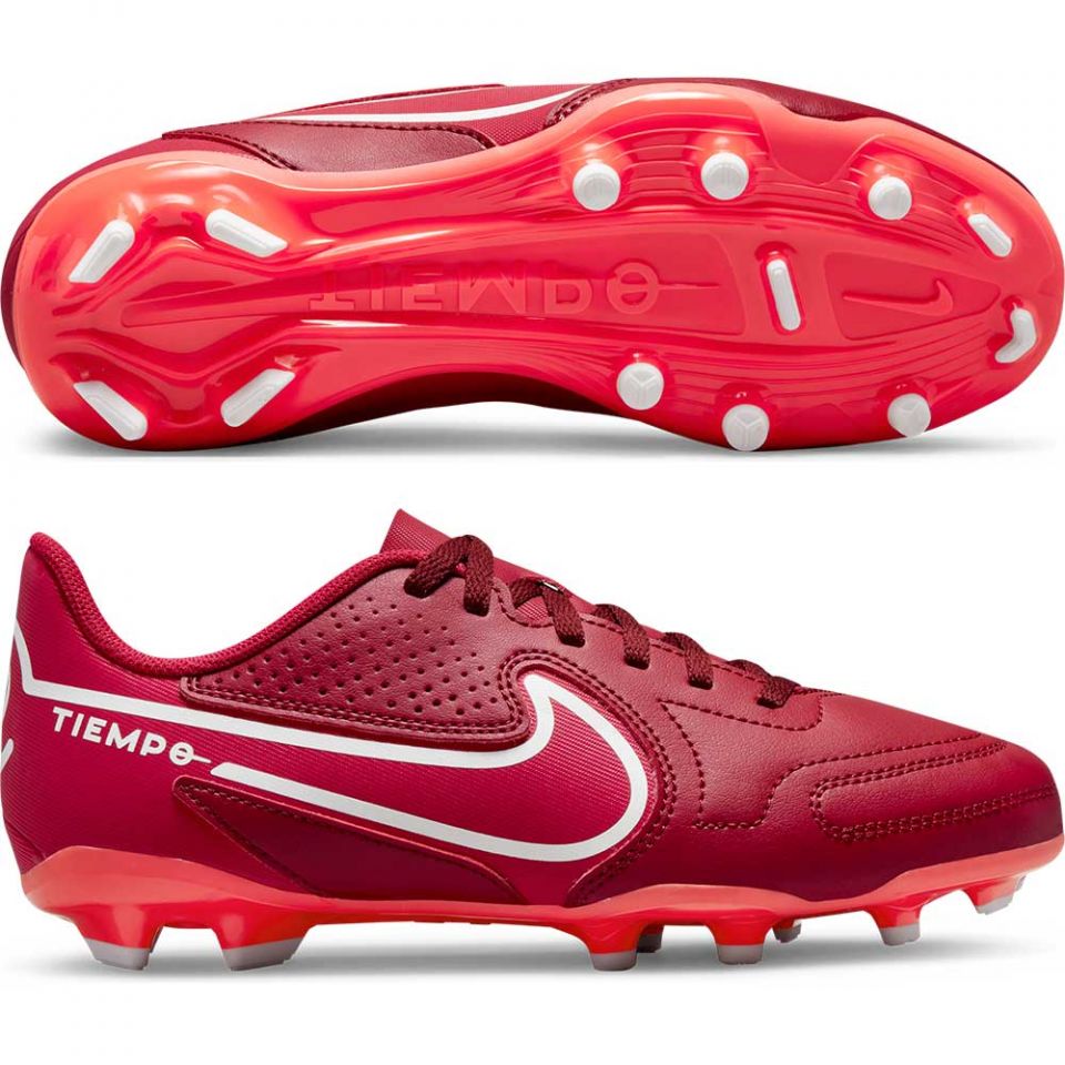 Nike Junior Tiempo Legend 9 Club FG Cleats-Red/Mystic Hibiscus/White