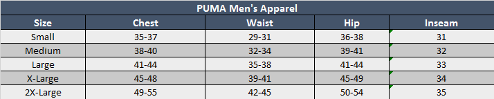 Puma Evospeed Size Chart