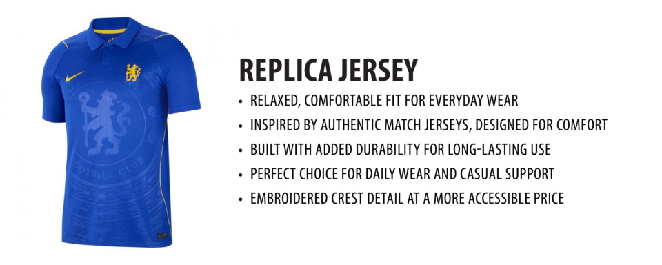 Nike Chelsea 2026/27 home replica soccer jersey with yellow accents, shown alongside replica jersey features and benefits.